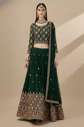 Green Multi Needle , Sequence 5mm , Coding , Embroidery , Zari Faux Georgette Lehenga Choli with Dupatta