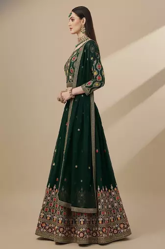 Green Multi Needle , Sequence 5mm , Coding , Embroidery , Zari Faux Georgette Lehenga Choli with Dupatta
