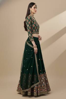 Green Multi Needle , Sequence 5mm , Coding , Embroidery , Zari Faux Georgette Lehenga Choli with Dupatta 4