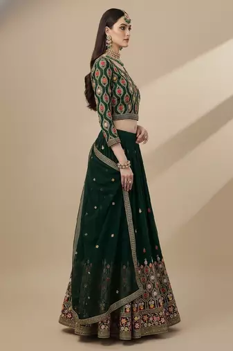 Green Multi Needle , Sequence 5mm , Coding , Embroidery , Zari Faux Georgette Lehenga Choli with Dupatta
