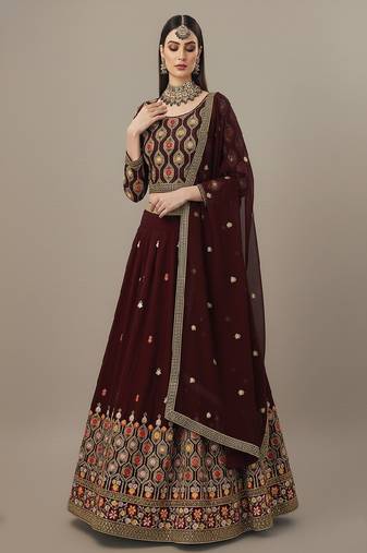 Maroon Multi Needle , Sequence 5mm , Coding , Embroidery , Zari Faux Georgette Lehenga Choli with Dupatta
