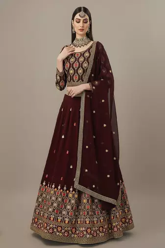 Maroon Multi Needle , Sequence 5mm , Coding , Embroidery , Zari Faux Georgette Lehenga Choli with Dupatta