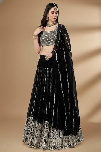 Black Embroidery Sequence Faux Georgette Lehenga Choli with Dupatta