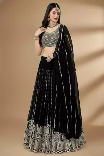Black Embroidery Sequence Faux Georgette Lehenga Choli with Dupatta