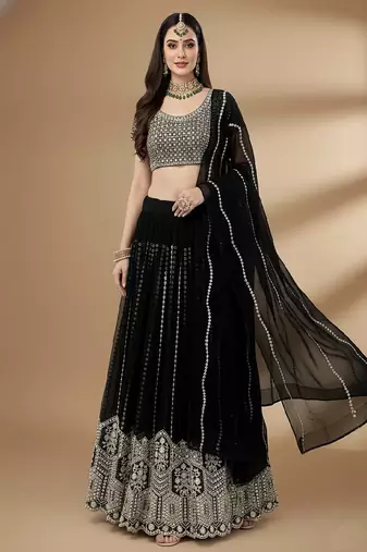 Black Embroidery Sequence Faux Georgette Lehenga Choli with Dupatta