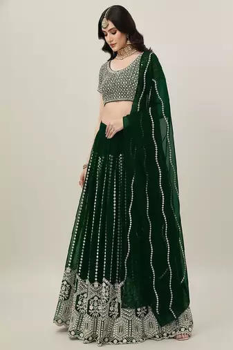 Green Embroidery Sequence Faux Georgette Lehenga Choli with Dupatta