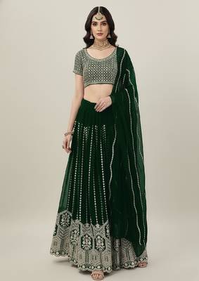Green Embroidery Sequence Faux Georgette Lehenga Choli with Dupatta 2