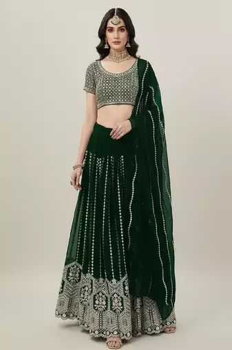 Green Embroidery Sequence Faux Georgette Lehenga Choli with Dupatta