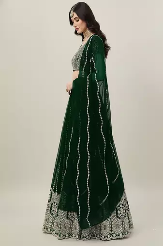 Green Embroidery Sequence Faux Georgette Lehenga Choli with Dupatta
