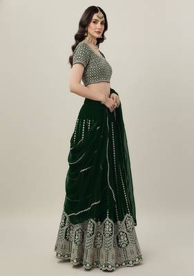 Green Embroidery Sequence Faux Georgette Lehenga Choli with Dupatta 4