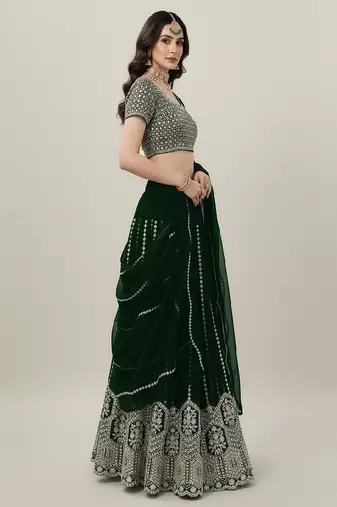 Green Embroidery Sequence Faux Georgette Lehenga Choli with Dupatta