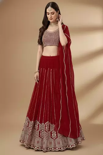 Red Embroidery Sequence Faux Georgette Lehenga Choli with Dupatta