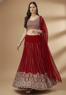 Red Embroidery Sequence Faux Georgette Lehenga Choli with Dupatta 2
