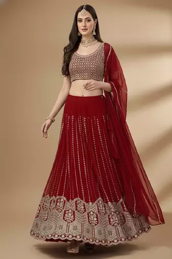 Red Embroidery Sequence Faux Georgette Lehenga Choli with Dupatta