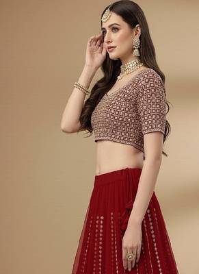 Red Embroidery Sequence Faux Georgette Lehenga Choli with Dupatta 3