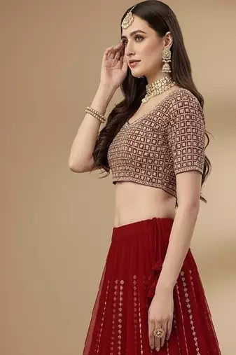 Red Embroidery Sequence Faux Georgette Lehenga Choli with Dupatta
