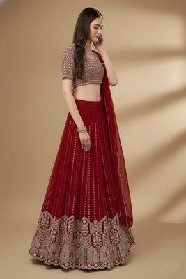 Red Embroidery Sequence Faux Georgette Lehenga Choli with Dupatta 4
