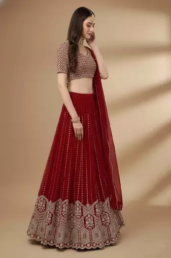 Red Embroidery Sequence Faux Georgette Lehenga Choli with Dupatta