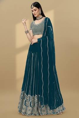 Teal Embroidery Sequence Faux Georgette Lehenga Choli with Dupatta 1