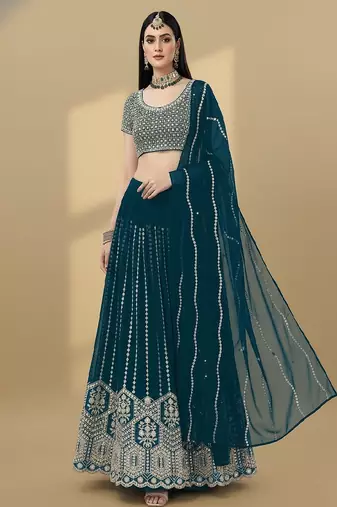 Teal Embroidery Sequence Faux Georgette Lehenga Choli with Dupatta