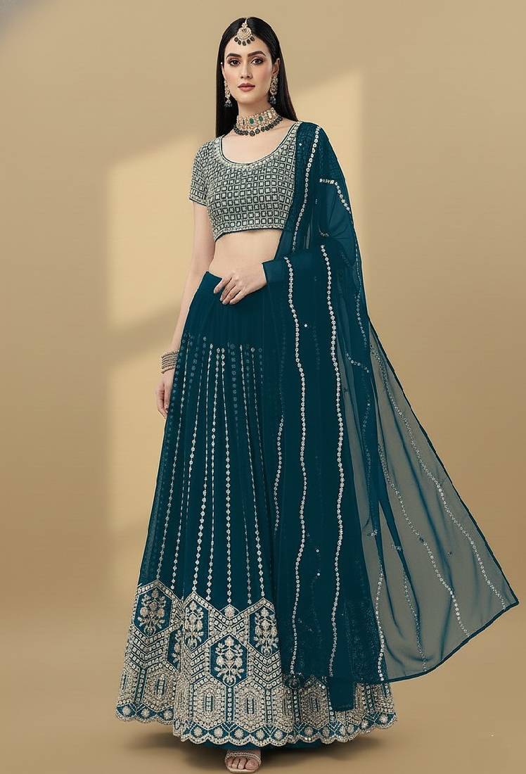Teal Embroidery Sequence Faux Georgette Lehenga Choli with Dupatta