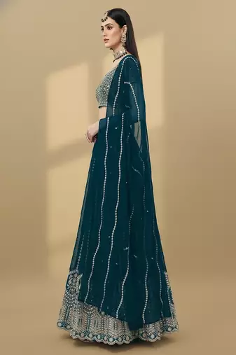 Teal Embroidery Sequence Faux Georgette Lehenga Choli with Dupatta