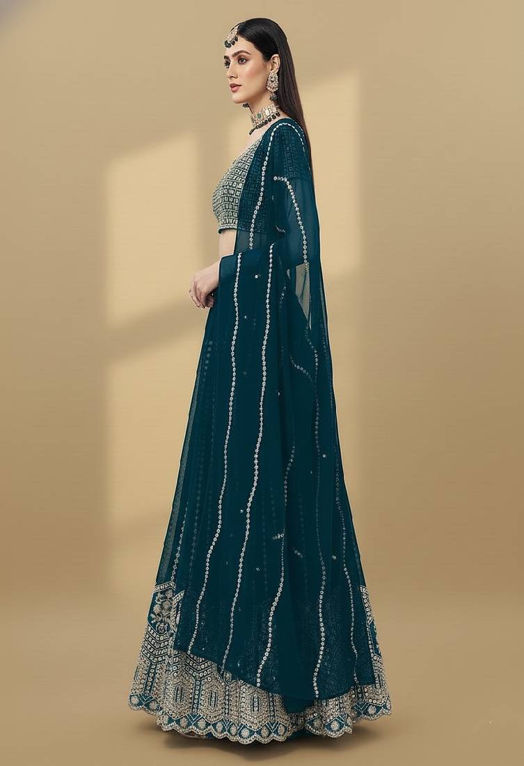 Teal Embroidery Sequence Faux Georgette Lehenga Choli with Dupatta