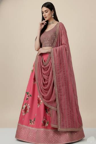Pink Digital Print With Sequence Satin Silk Lehenga Choli with Dupatta