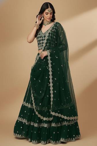 Green Embroidery Sequence Zari Faux Georgette Lehenga Choli with Dupatta