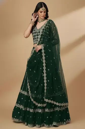 Green Embroidery Sequence Zari Faux Georgette Lehenga Choli with Dupatta