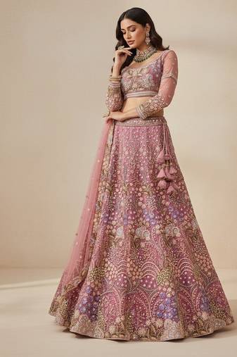 Light Pink Embroidery Net Lehenga Choli with Dupatta