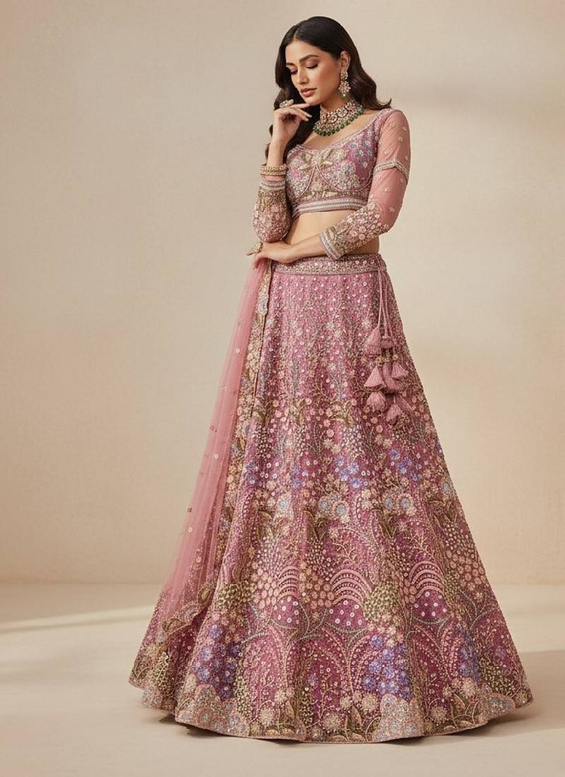 Light Pink Embroidery Net Lehenga Choli with Dupatta
