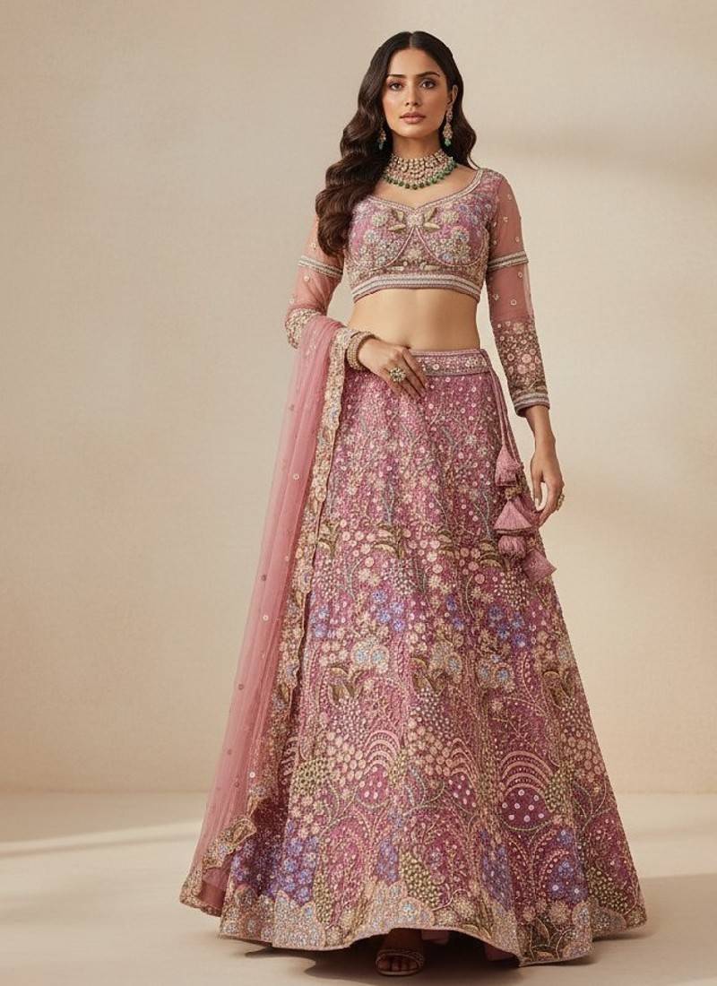 Light Pink Embroidery Net Lehenga Choli with Dupatta