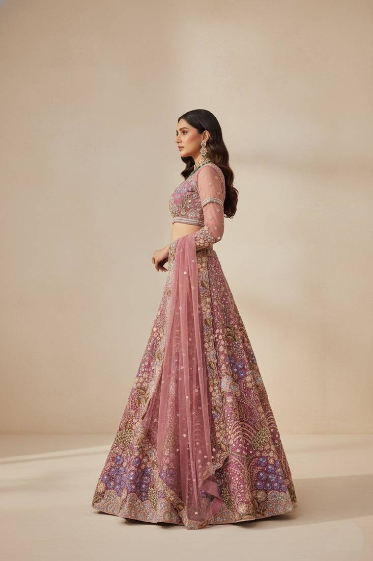 Light Pink Embroidery Net Lehenga Choli with Dupatta