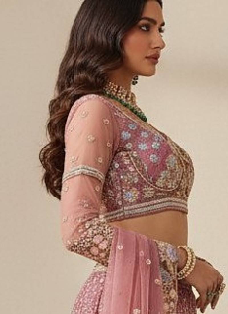 Light Pink Embroidery Net Lehenga Choli with Dupatta
