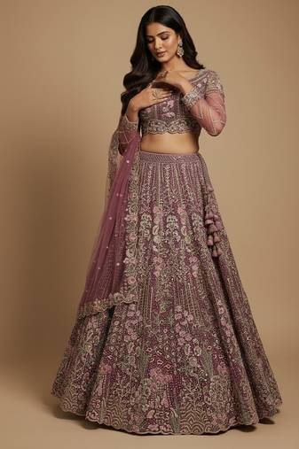 Lavender Embroidery Net Lehenga Choli with Dupatta