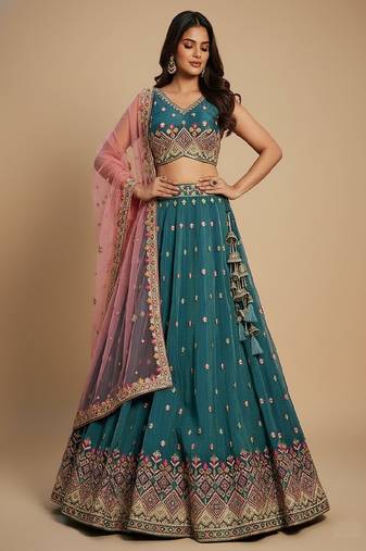 Teal Embroidery Tissue Lehenga Choli with Dupatta