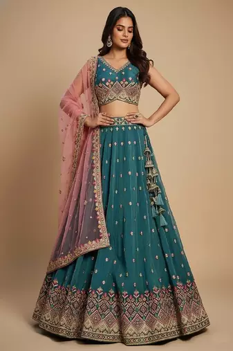 Teal Embroidery Tissue Lehenga Choli with Dupatta