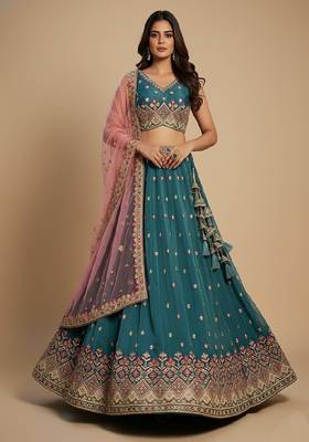 Teal Embroidery Tissue Lehenga Choli with Dupatta 2