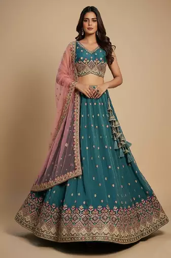 Teal Embroidery Tissue Lehenga Choli with Dupatta