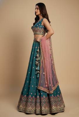 Teal Embroidery Tissue Lehenga Choli with Dupatta 3