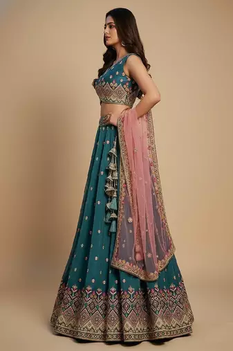 Teal Embroidery Tissue Lehenga Choli with Dupatta