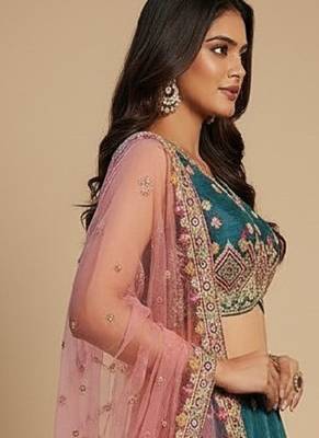 Teal Embroidery Tissue Lehenga Choli with Dupatta 4