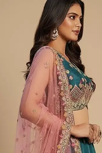 Teal Embroidery Tissue Lehenga Choli with Dupatta