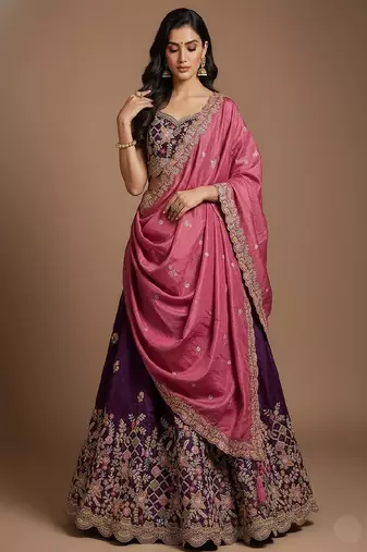 Purple Embroidery Tissue Lehenga Choli with Dupatta