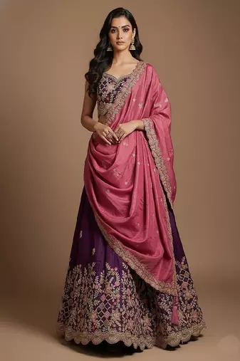 Purple Embroidery Tissue Lehenga Choli with Dupatta