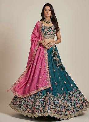 Teal Embroidery Tissue Lehenga Choli with Dupatta 1