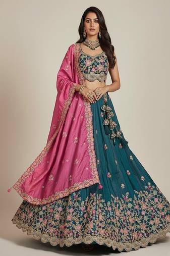 Teal Embroidery Tissue Lehenga Choli with Dupatta