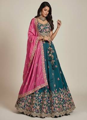 Teal Embroidery Tissue Lehenga Choli with Dupatta 2