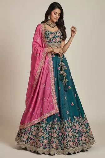 Teal Embroidery Tissue Lehenga Choli with Dupatta